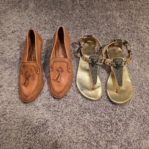 Guess Gold Siara Thong T-Strap Sandals + Predictions Tassel Pumps - sz 7 lot